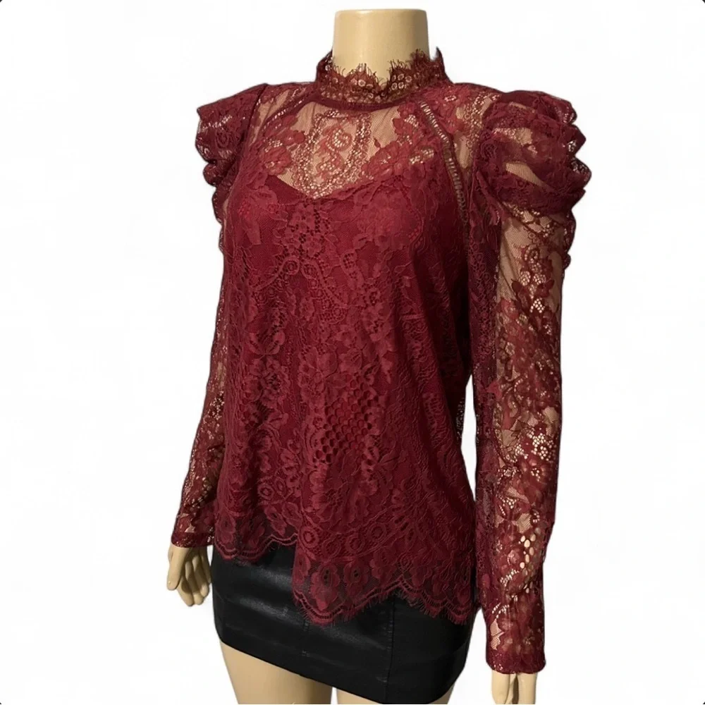 Puff Sleeve Lace Top SML Red Andree Savanna Jane